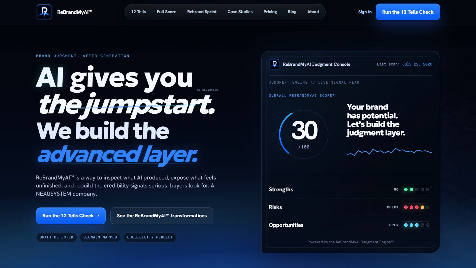 The current dark-mode ReBrandMyAI homepage